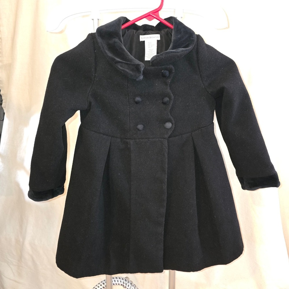 Catherine Malandrino Girls Black Double Breasted Pea Coat Velvet Trim Size 6 - Picture 2 of 7